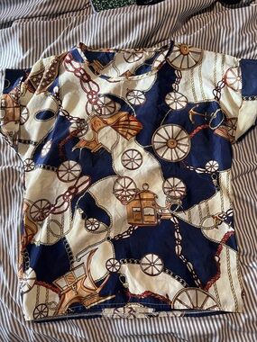 Vintage 1980/ Silk-Feel Nautical Carriage Equestrian Print Blouse